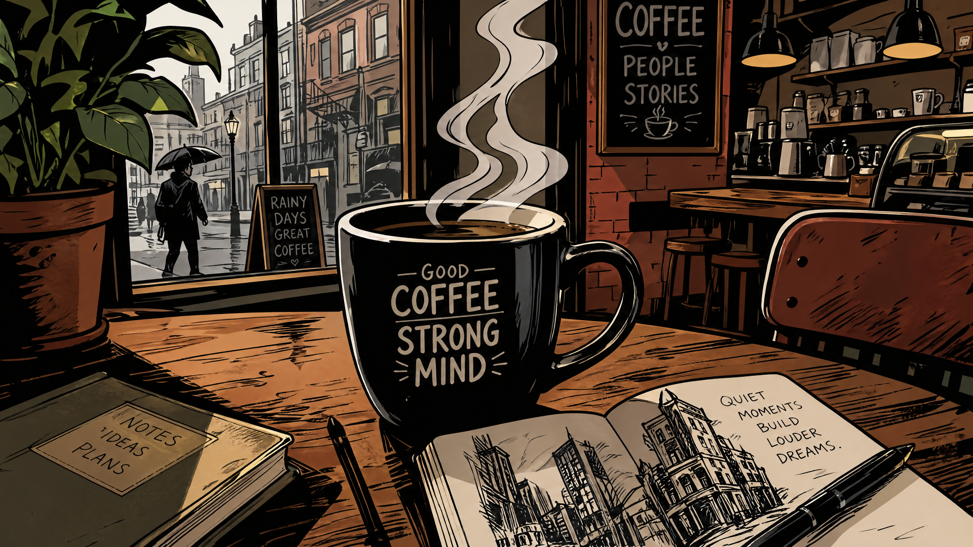 sketchbook and coffee on a new desk