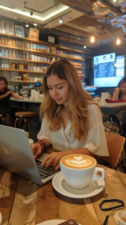 freelance designer working at a laptop in a cafe