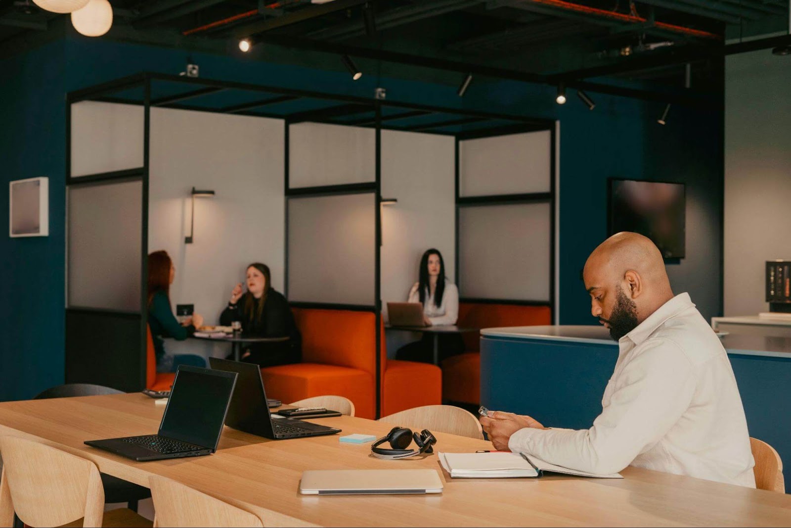 quiet co-working meeting room with laptop
