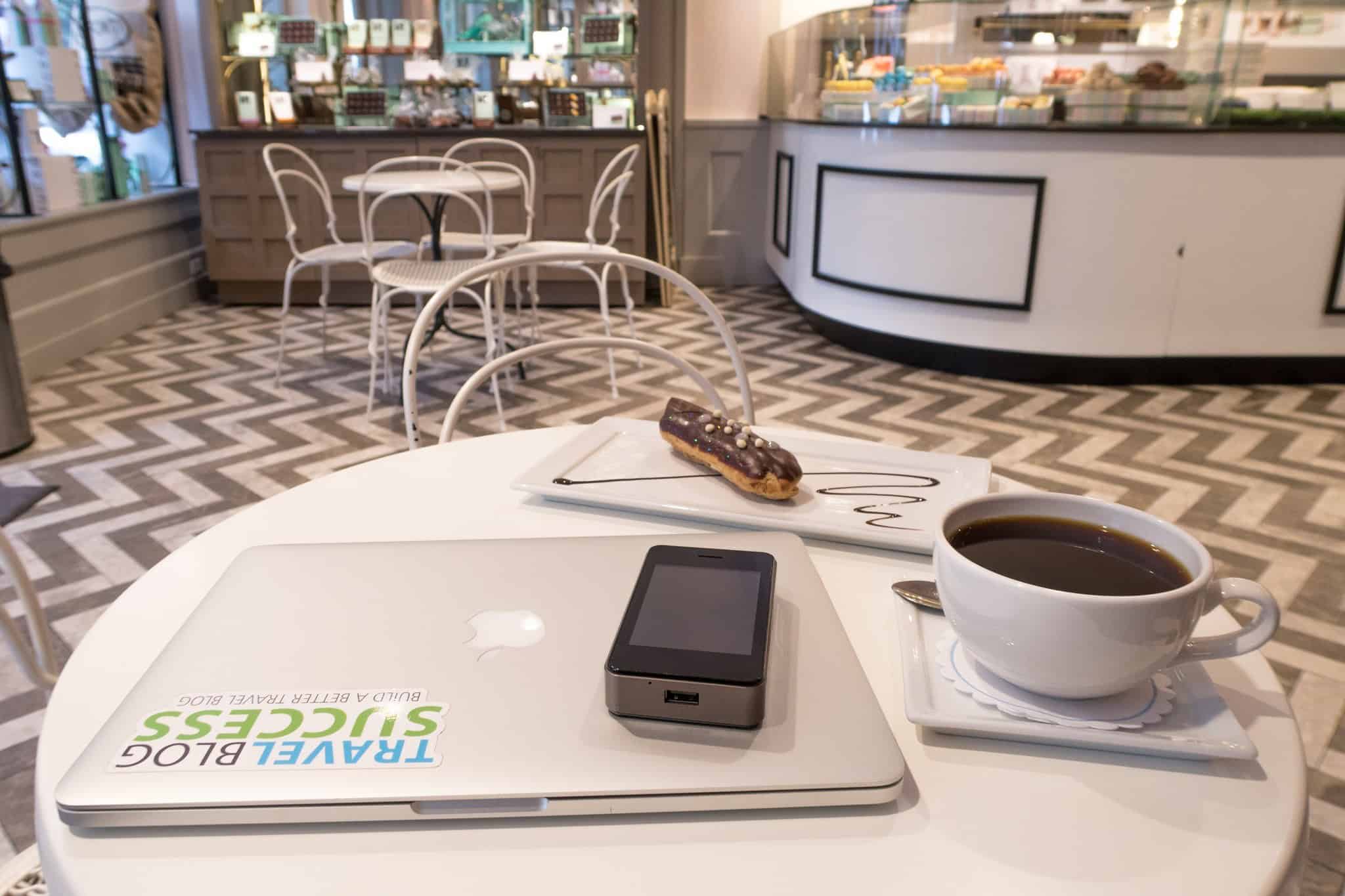 mobile hotspot device on a cafe table
