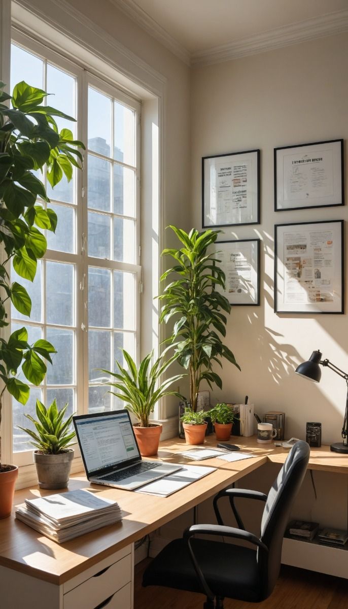 desk lit by low winter sunlight