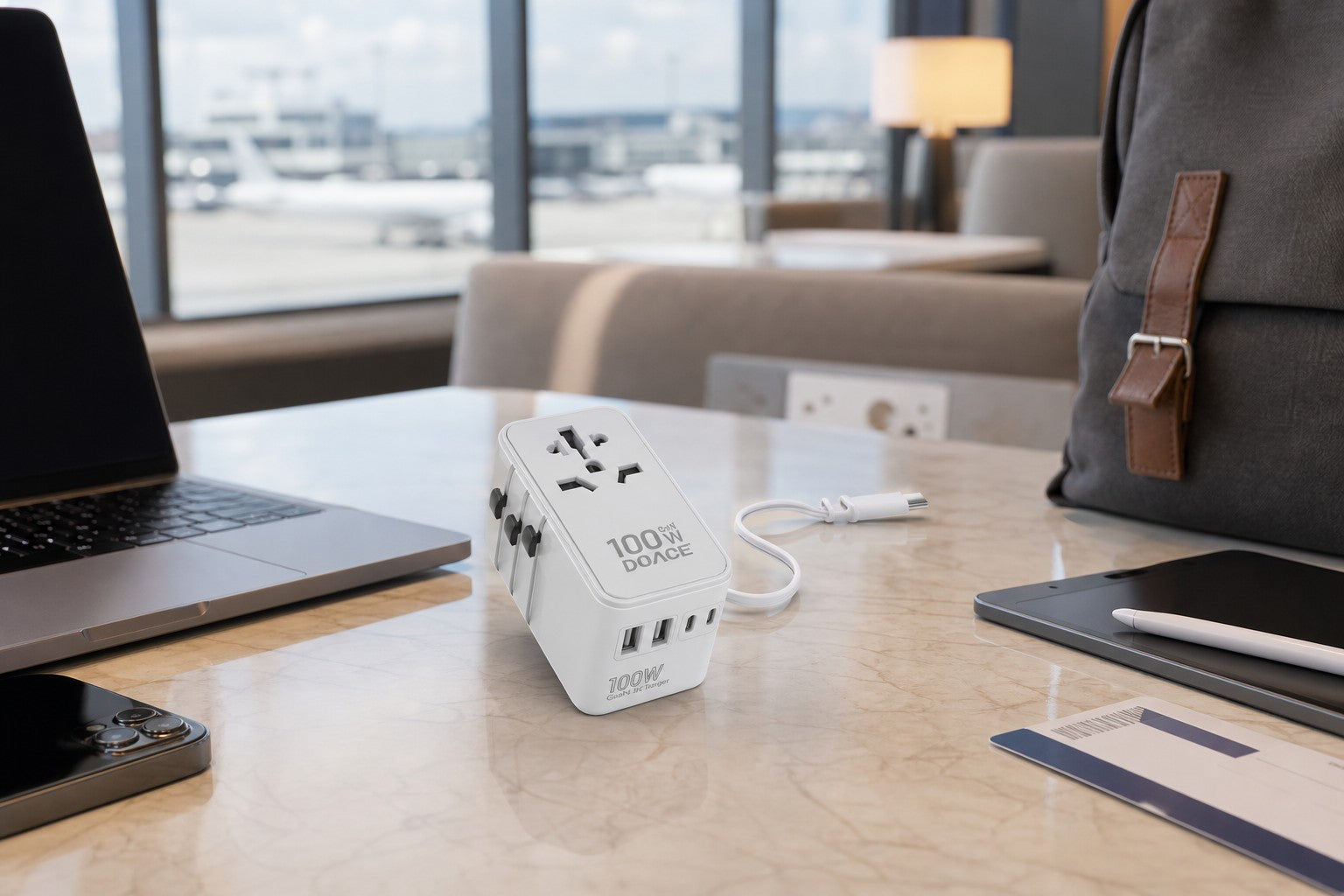 travel adapter and phone on a desk